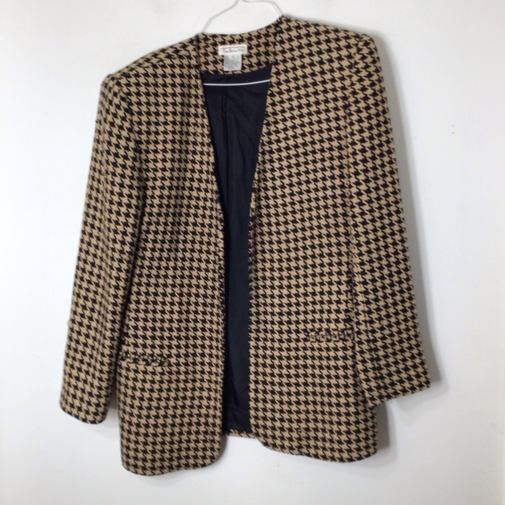 Talbots blazer jacket 8 silk tan black houndstooth